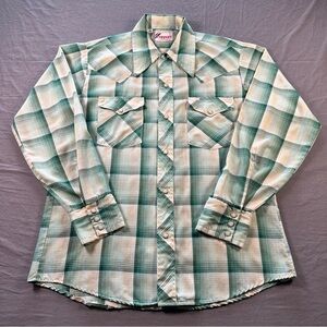 Vintage DeeCee Rappers 80s Western Pearl Snap Shirt Green Plaid Mens Medium